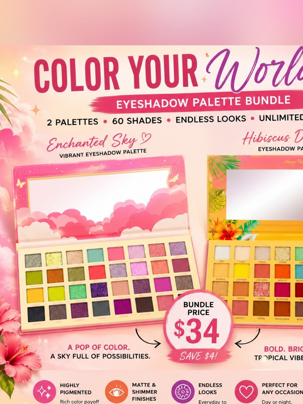 Enchanted Sky + Hibiscus Dream Eyeshadow Palette Bundle | 60+ Shades